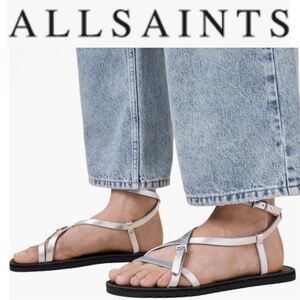 ALLSAINTS TYLA METALLIC LEATHER STRAPPY SANDALS SILVER ANKLE STRAP **NIB**